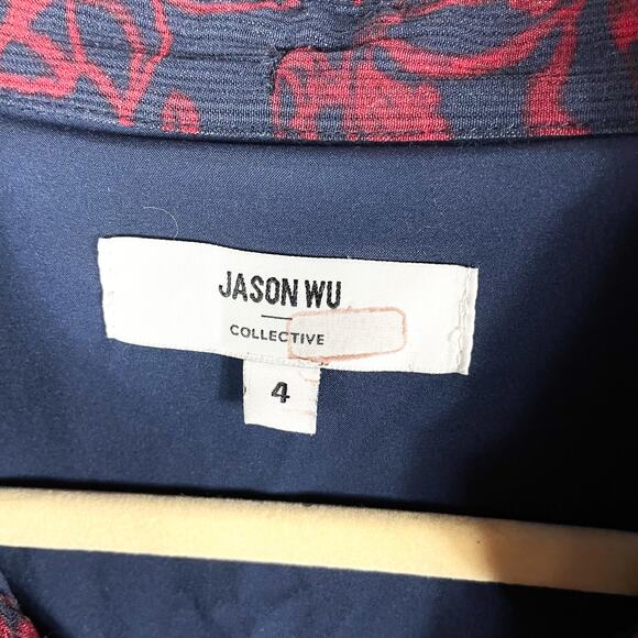 Jason Wu Print Midi Shirt Dress Blue Red Tie Neck Button Front Long Sleeve Sz 4 - Picture 10 of 13